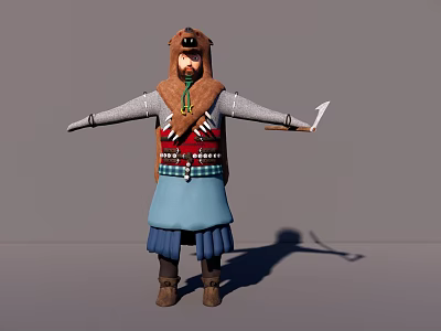 Man in gray plaid shirt colorful vest blue skirt holding knife with arms outstretched 3d model