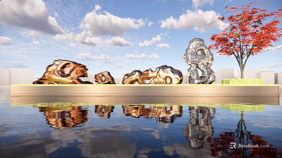 Golden and Silver Metal Sculptures By Water Reflection With Red Leaf Tree Under Blue Sky 3d model 