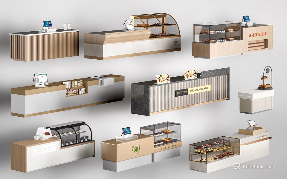 Modern Checkout Counters Design With Wooden Countertops Glass Display Cases And Cashier Machines 3d model 