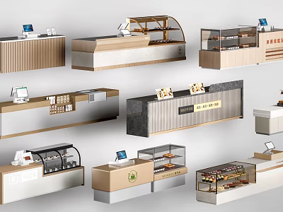 Modern Checkout Counters Design With Wooden Countertops Glass Display Cases And Cashier Machines 3d model