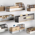 Modern Checkout Counters Design With Wooden Countertops Glass Display Cases And Cashier Machines