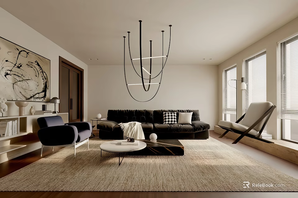 Modern Living Room With Black Sofa Accent Armchair Unique Chandelier Abstract Artwork And Area Rug 3d model 