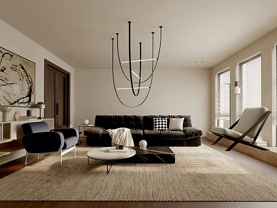 Modern Living Room With Black Sofa Accent Armchair Unique Chandelier Abstract Artwork And Area Rug 3d model