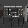Modern Open Design Bar Area with Black Counter Two Stools Hanging Lights and Wine Racks