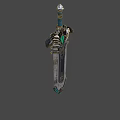 Ornate Decorative Sword with Blue Gemstone Accents Intricate Carvings and Metallic Finish