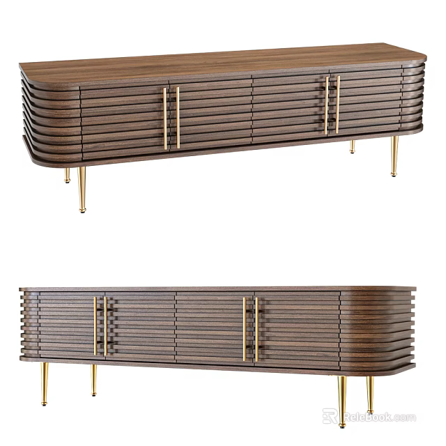 Modern Walnut Wooden TV Stand With Slatted Front And Gold Metal Legs 3d model 