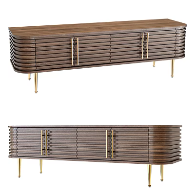 Modern Walnut Wooden TV Stand With Slatted Front And Gold Metal Legs 3d model
