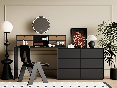 Modern Dressing Table Interior With Round Mirror Black Drawers Chair And Decorative Items 3d model