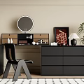 Modern Dressing Table Interior With Round Mirror Black Drawers Chair And Decorative Items