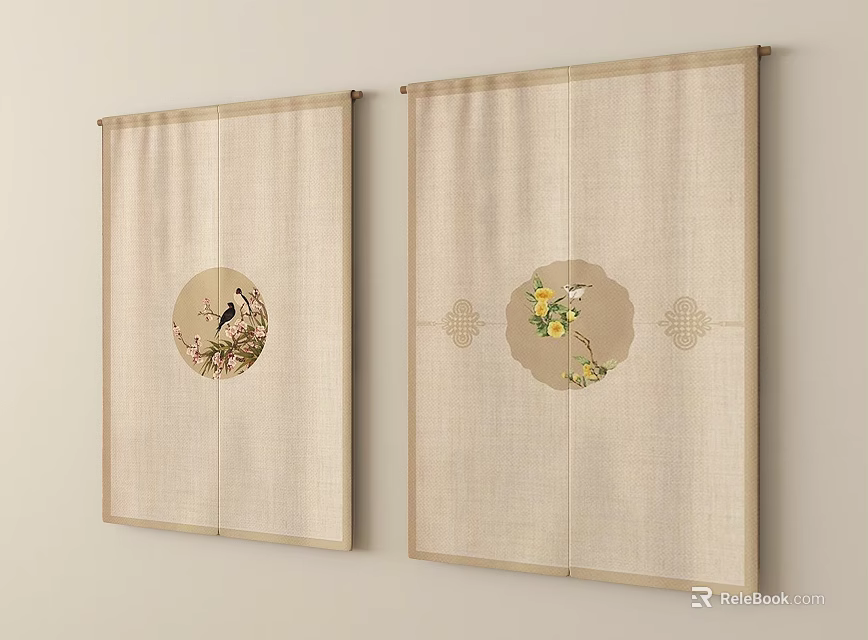 Beige Curtains With Circular Patterns Featuring Bird Branches And Yellow Flowers With Geometric Decorations 3d model 