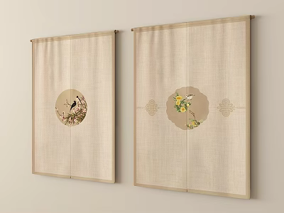 Beige Curtains With Circular Patterns Featuring Bird Branches And Yellow Flowers With Geometric Decorations 3d model