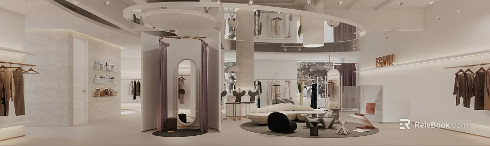 Modern Clothing Store Interior With Fitting Room Display Racks Sofa Mirror And Pendant Lights 3d model 