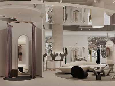 Modern Clothing Store Interior With Fitting Room Display Racks Sofa Mirror And Pendant Lights 3d model