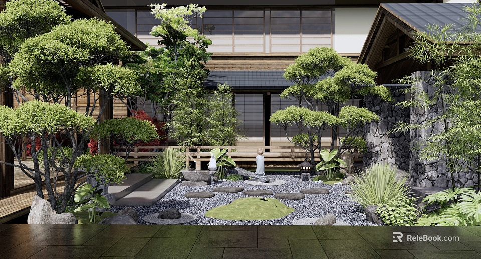 Traditional Japanese Courtyard Garden With Pruned Pine Trees Stone Lantern And Wooden Deck 3d model 