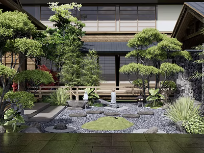 Traditional Japanese Courtyard Garden With Pruned Pine Trees Stone Lantern And Wooden Deck 3d model