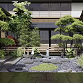 Traditional Japanese Courtyard Garden With Pruned Pine Trees Stone Lantern And Wooden Deck