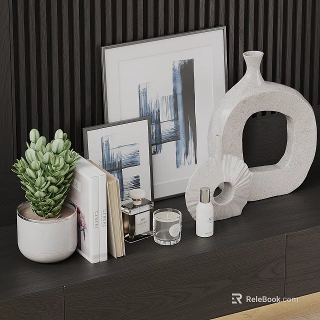 Stylish Decorative Ornament Set With Potted Plant Picture Frames Vase Books And Candle 3d model 