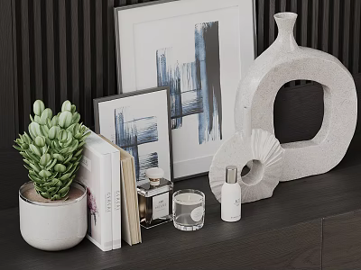 Stylish Decorative Ornament Set With Potted Plant Picture Frames Vase Books And Candle 3d model