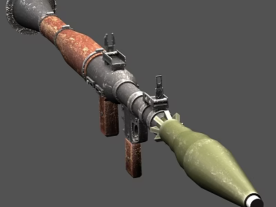Rusty Metal Weapon With Long Barrel Brown Grips And Attached Green Rocket Ammunition 3d model