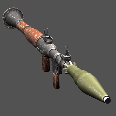 Rusty Metal Weapon With Long Barrel Brown Grips And Attached Green Rocket Ammunition 3d model