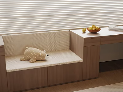 Cozy Window Seat Area With Cushioned Bench Stuffed Bear And Fruit Bowl On Wooden Table 3d model