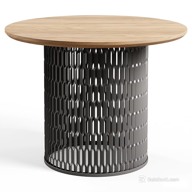 Modern Round Dining Table With Wooden Top And Black Perforated Base 3d model 