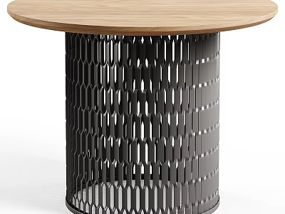 Modern Round Dining Table With Wooden Top And Black Perforated Base 3d model