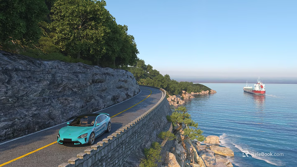 Scenic Coastal Road Along Cliff With Green Trees Blue Sky Blue Sea And Distant Ship 3d model 
