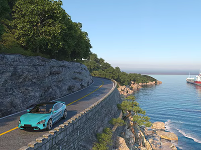 Scenic Coastal Road Along Cliff With Green Trees Blue Sky Blue Sea And Distant Ship 3d model