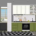 Modern Kitchen Interior With Green Cabinets Black White Checkered Floor And White Brick Wall