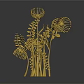Cartoon Scene With Golden Plants Various Grasses And Flowers Metallic Texture Black Background And Reflections
