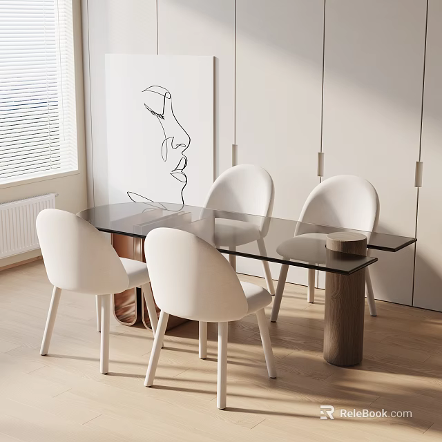 Modern Dining Table Set With Glass Top Four White Chairs And Line Art 3d model 