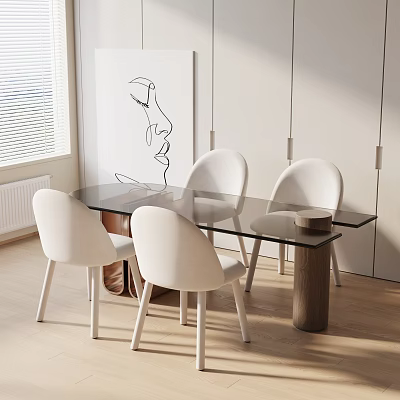 Modern Dining Table Set With Glass Top Four White Chairs And Line Art 3d model
