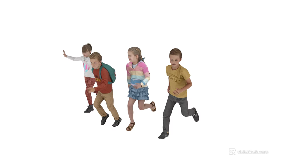 Four children running cheerfully on white background enjoying playful run together 3d model 