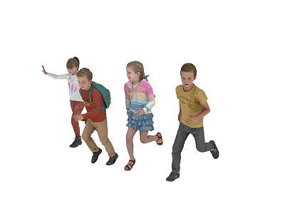 Four children running cheerfully on white background enjoying playful run together 3d model
