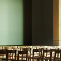 School Classroom Interior With Rows of Wooden Chairs Green Blackboard and Wooden Decorated Walls