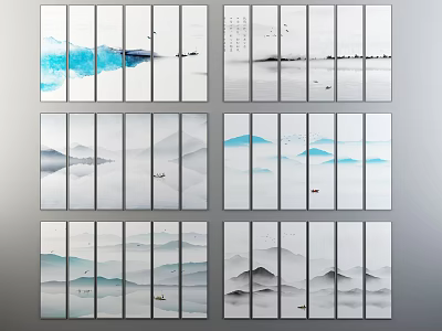 Multi Panel Chinese Ink Wash Landscape Paintings With Mountains Boats And Mist 3d model