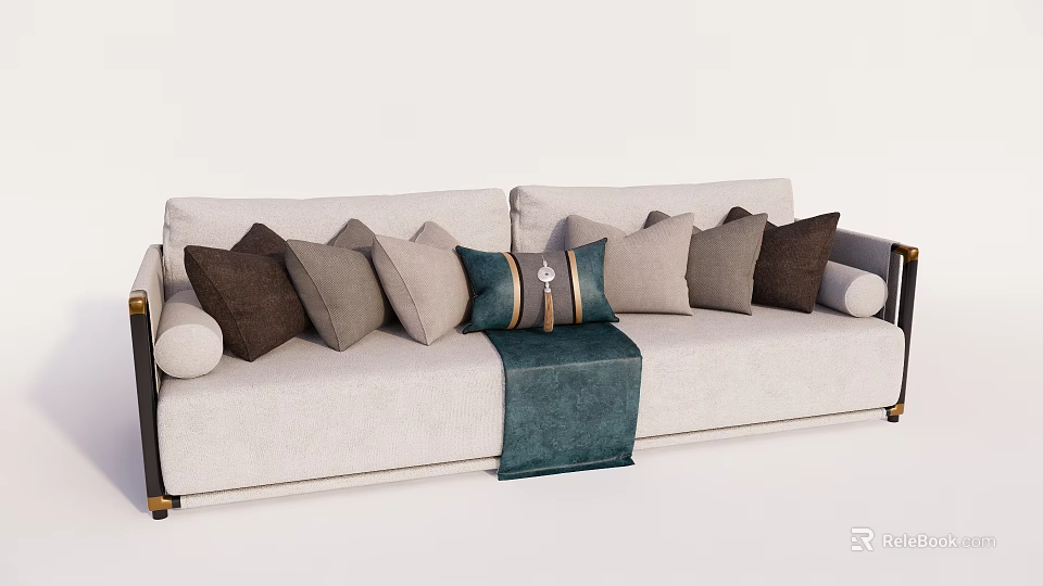 Light Colored Upholstered Sectional Sofa With Various Colored Throw Pillows And Green Throw Blanket 3d model