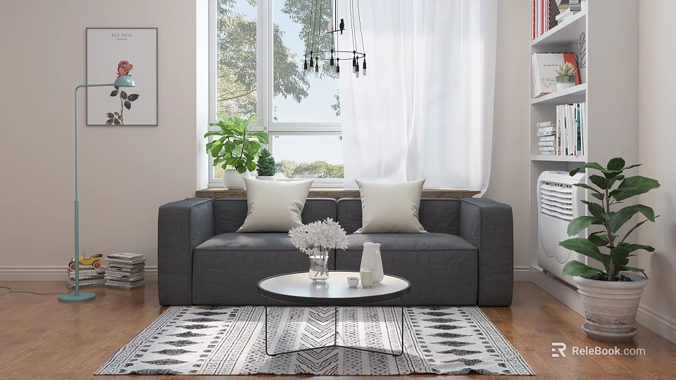 Modern Living Room With Gray Sofa White Cushions Coffee Table Geometric Rug And Green Plants 3d model 