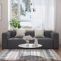 Modern Living Room With Gray Sofa White Cushions Coffee Table Geometric Rug And Green Plants