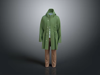 Stylish Green Trench Coat With Brown Pants Casual Clothing Outfit 3d model
