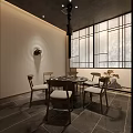 Japanese Style Private Dining Room With Long Wooden Table Chairs Grid Windows And Wall Paintings
