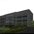 Modern Office Building With Large Glass Windows Landscaped Gardens And Parking Area
