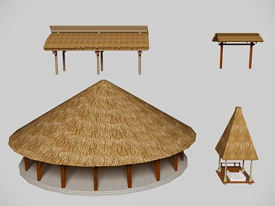 Traditional Thatch Roof Pavilion Structures With Different Shapes And Wooden Frames 3d model