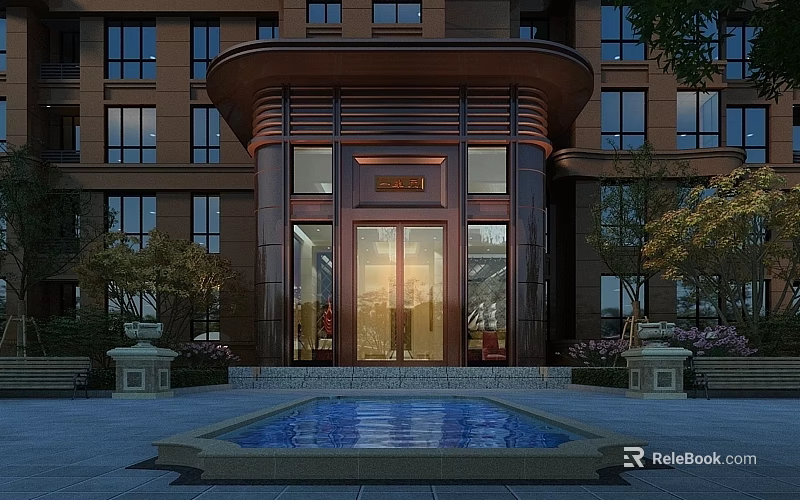 Elegant Modern Hotel Lobby Exterior With Glass Doors Water Pool Green Plants And Stone Pillars 3d model 