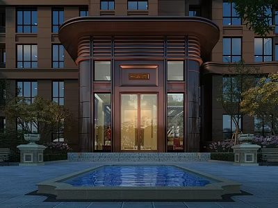 Elegant Modern Hotel Lobby Exterior With Glass Doors Water Pool Green Plants And Stone Pillars 3d model
