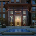 Elegant Modern Hotel Lobby Exterior With Glass Doors Water Pool Green Plants And Stone Pillars