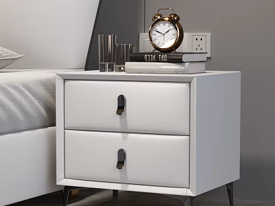 Modern White Nightstand With Two Drawers Black Handles Gold Alarm Clock Glass Tumblers And Books 3d model