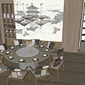 Chinese Style Round Dining Table Set With Chairs Wall Art And Vases 3d model