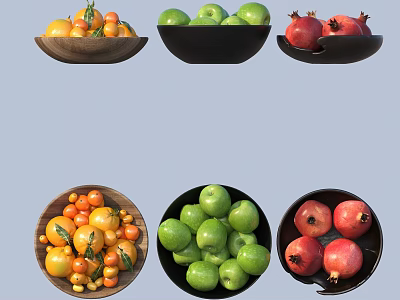 Assorted Fresh Fruits Green Apples Pomegranates And Tangerines Arranged In Wooden And Black Bowls 3d model